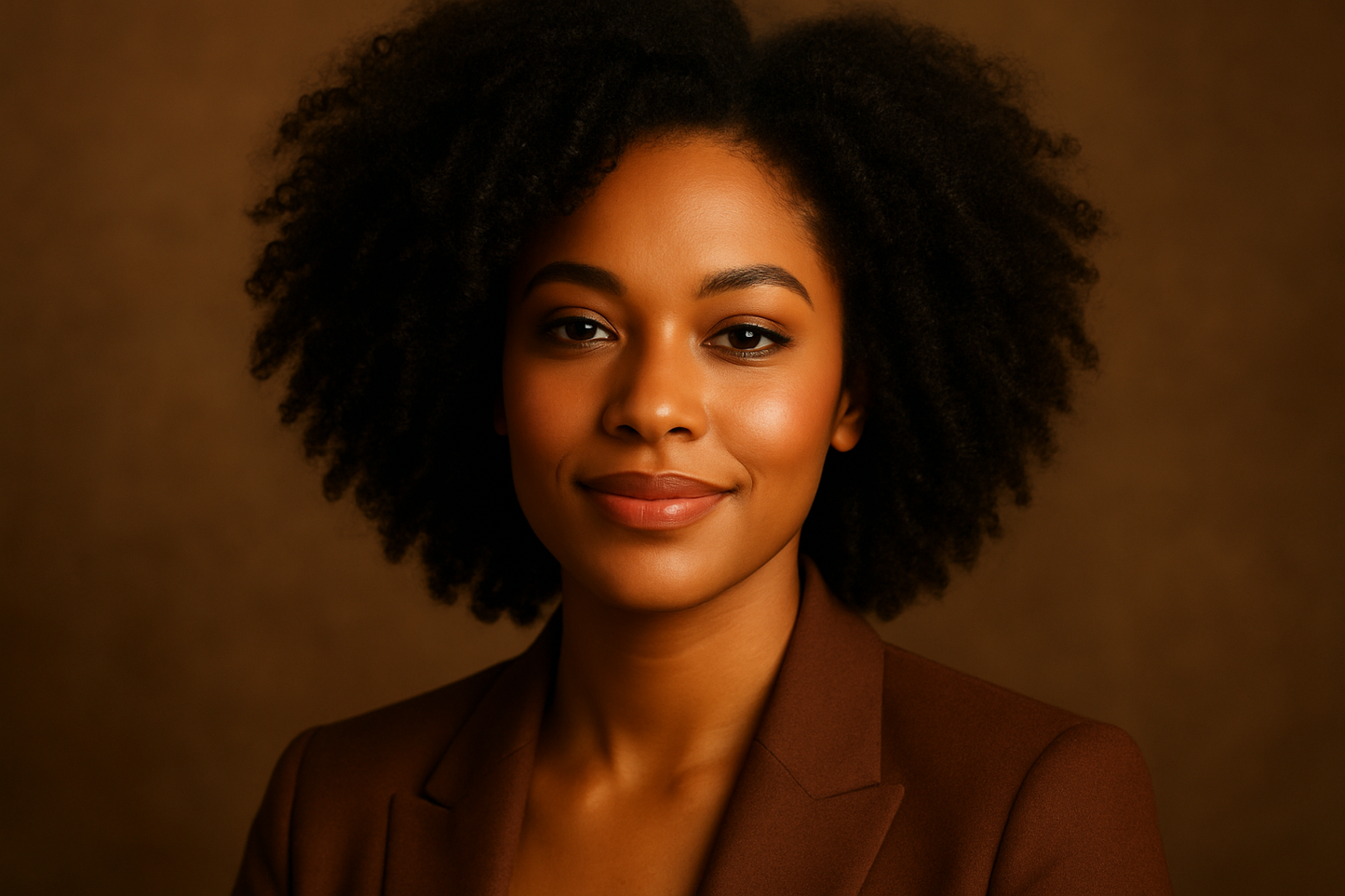 A beautiful mixed Black woman with a full head of hair and soft makeup