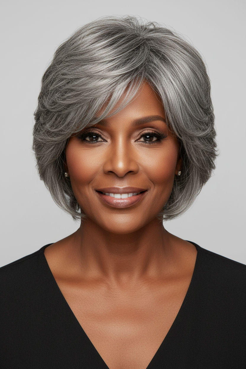 Attractive Black woman in her 60s wearing Tammy wig with fuller hair around ears