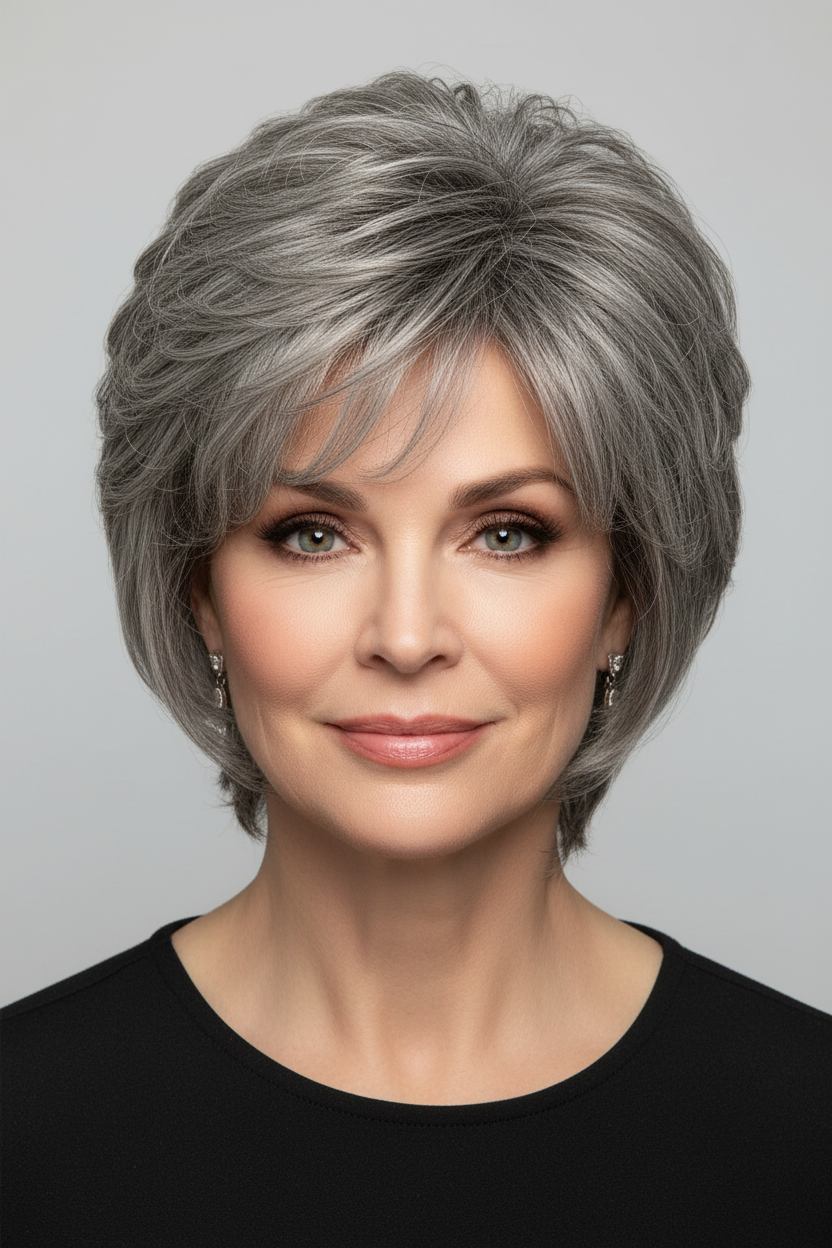 Attractive white woman in her 60s wearing Tammy wig with fuller hair around ears